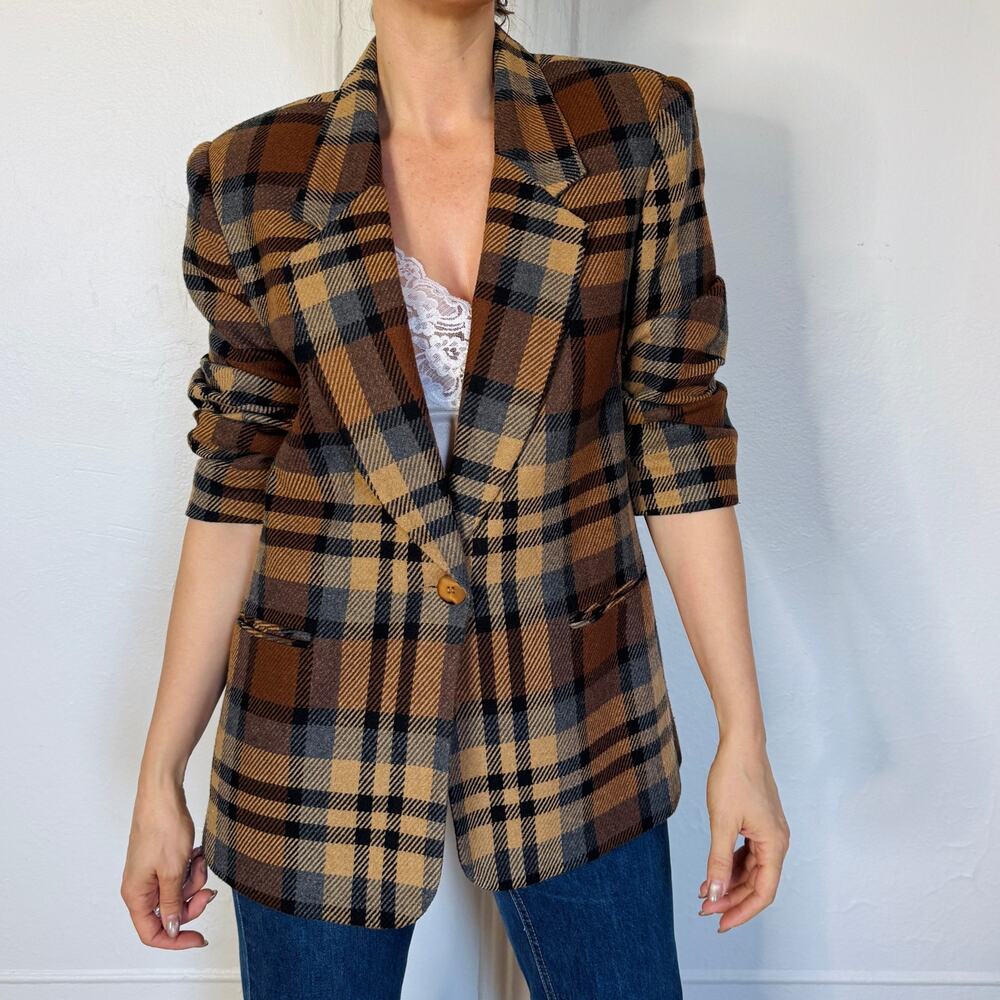 90s Requirements Brown Tan Gray Plaid Blazer Size M